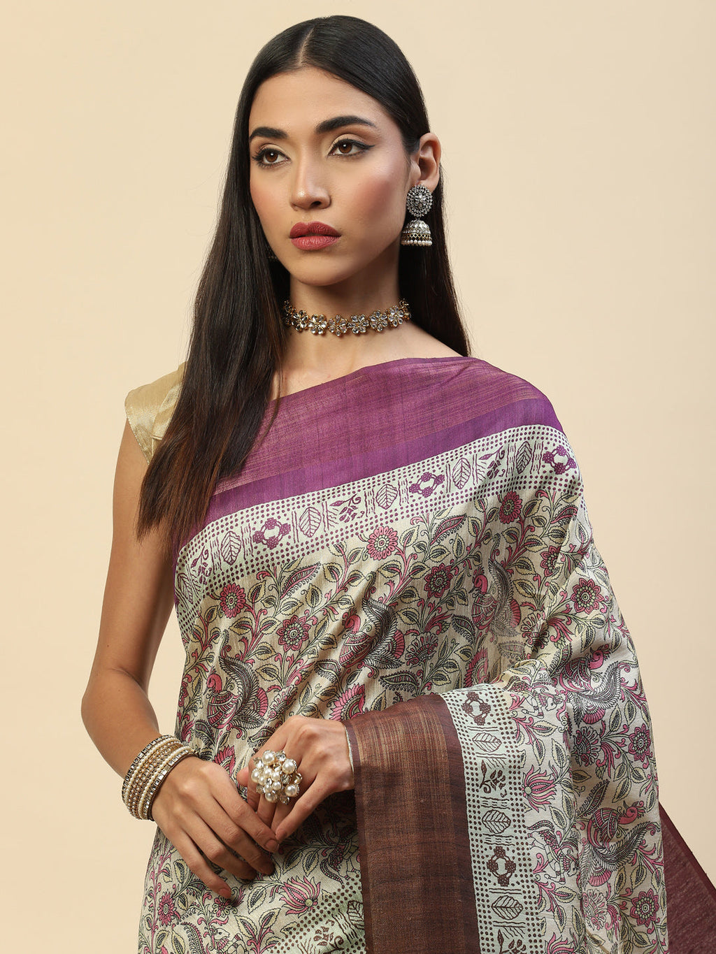 Digital Floral Zari Border Tussar Saree