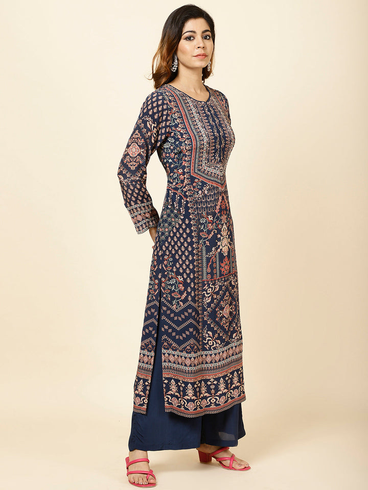 Digital Printed Crepe Kurta With Palazzo &amp; Dupatta