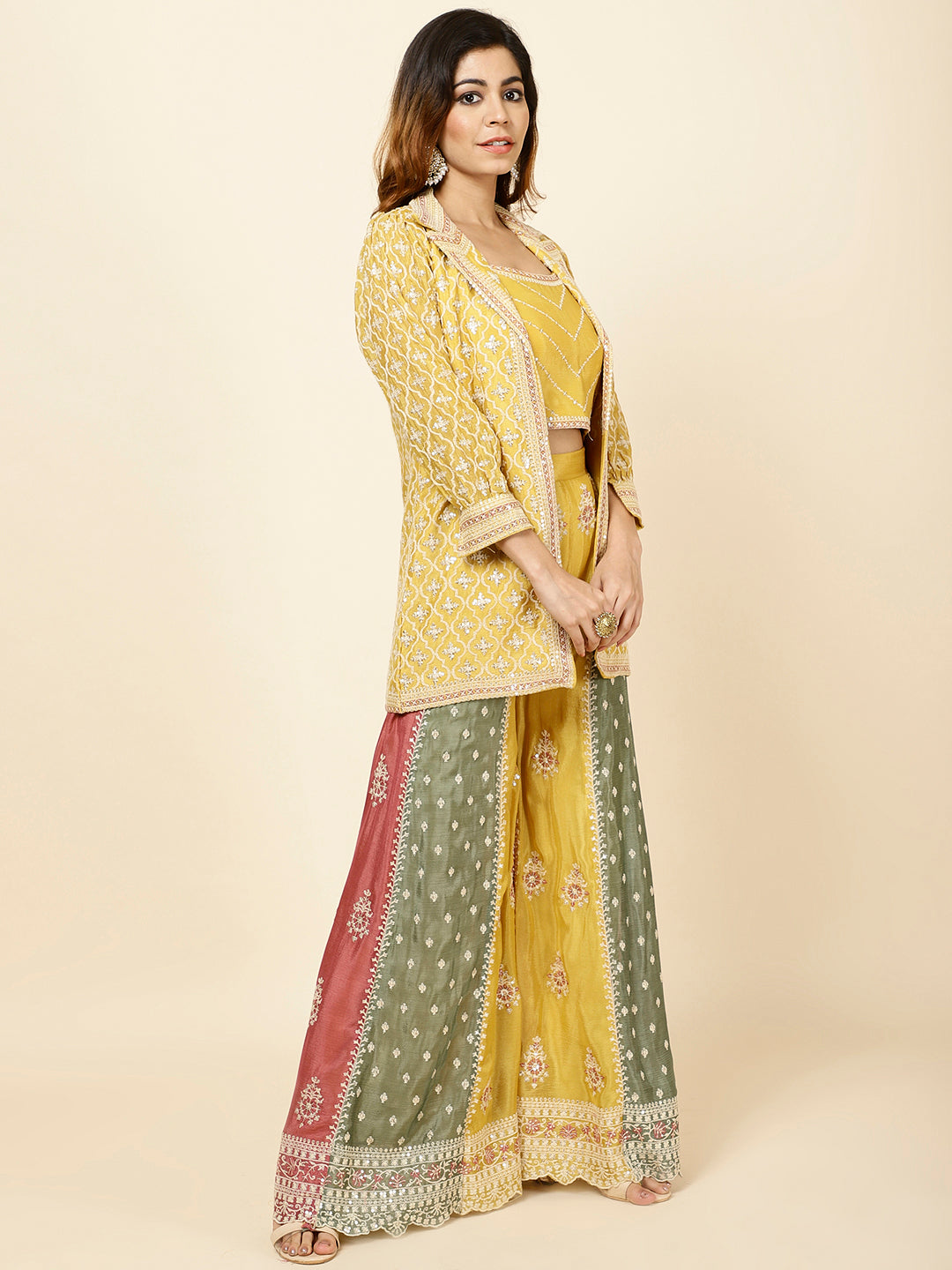 Embroidered Crepe Crop Top With Jacket &amp; Sharara