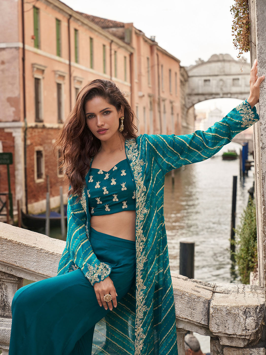 Embroidered Chinon Choli With Plazzo &amp; Jacket