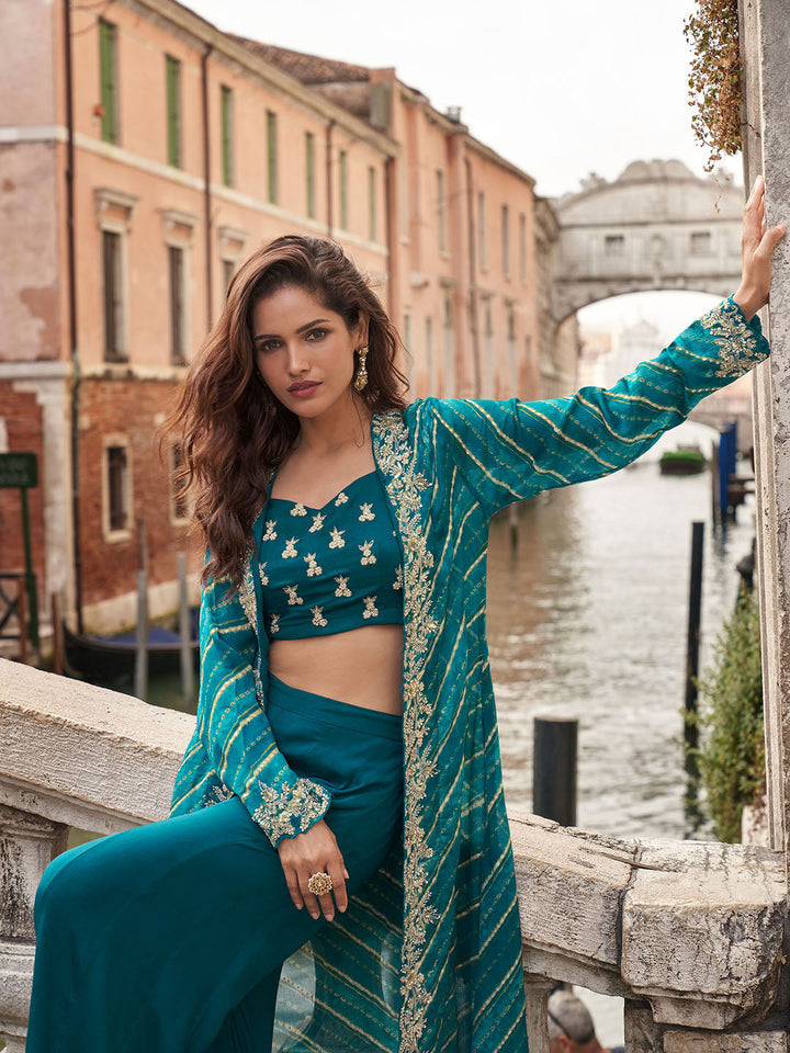 Embroidered Chinon Choli With Plazzo &amp; Jacket