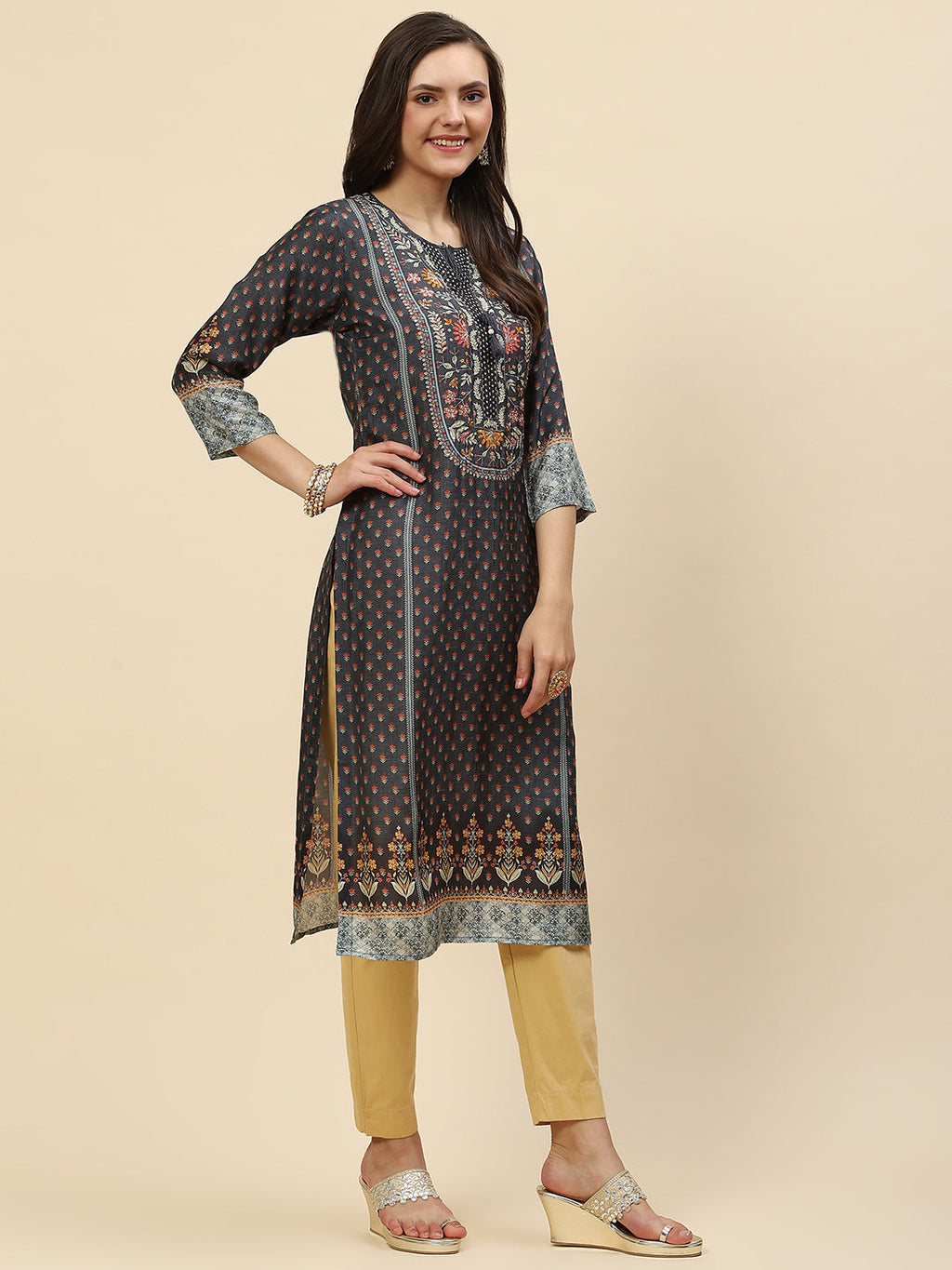 Neck Embroidered & Printed Handloom Kurta