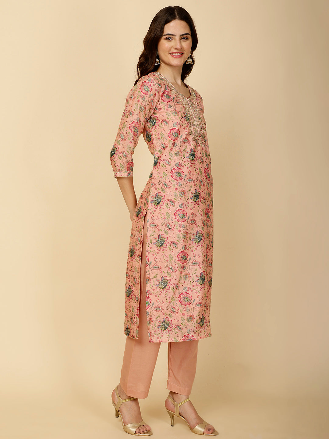 Floral Printed Chanderi Kurta With Pants &amp; Dupatta