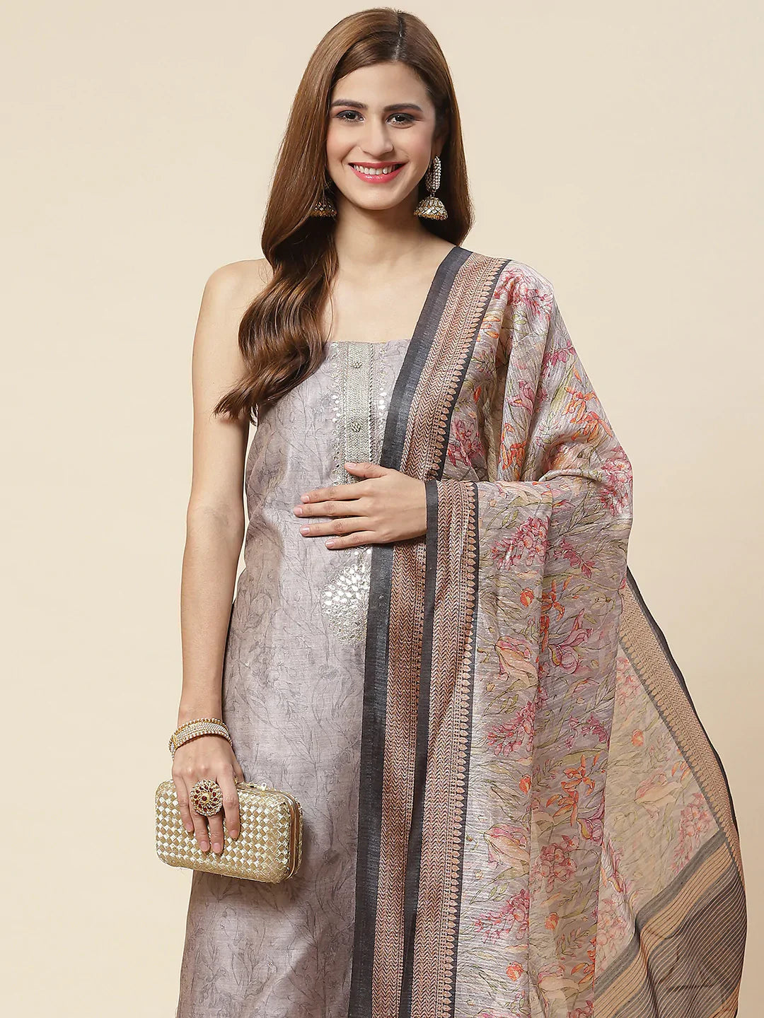 Neck Embroidered & Printed Chanderi Unstitched Suit Piece With Dupatta