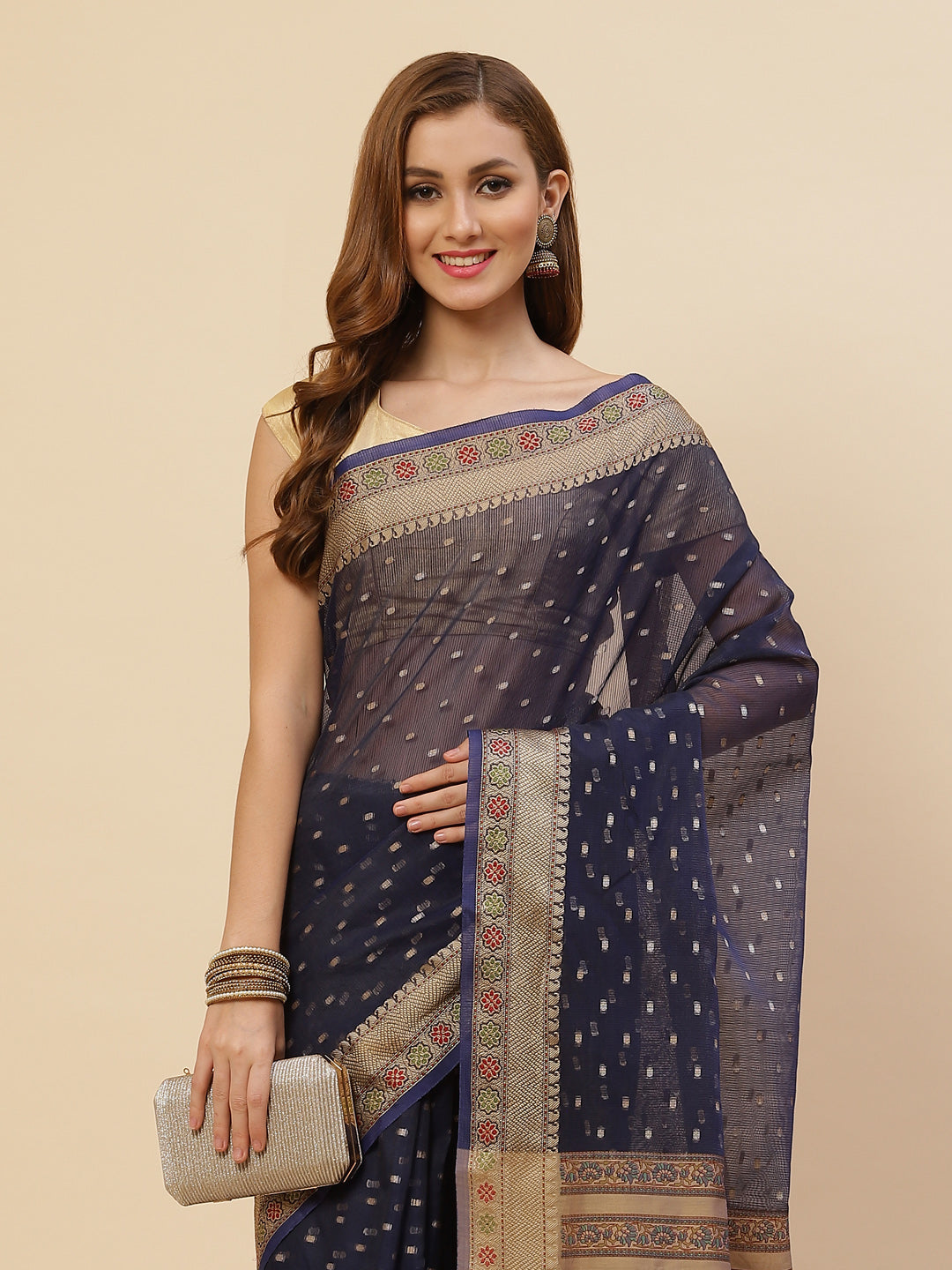 Zari Border Booti Printed Cotton Saree