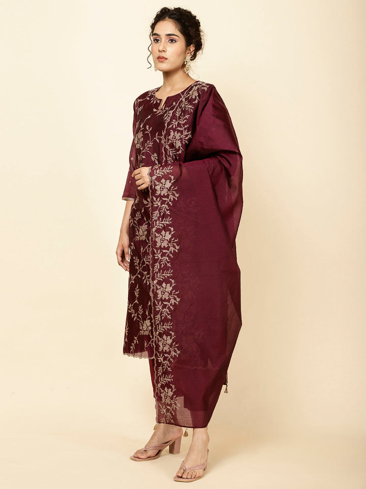 Embroidered Cotton Kurta With Pants &amp; Dupatta