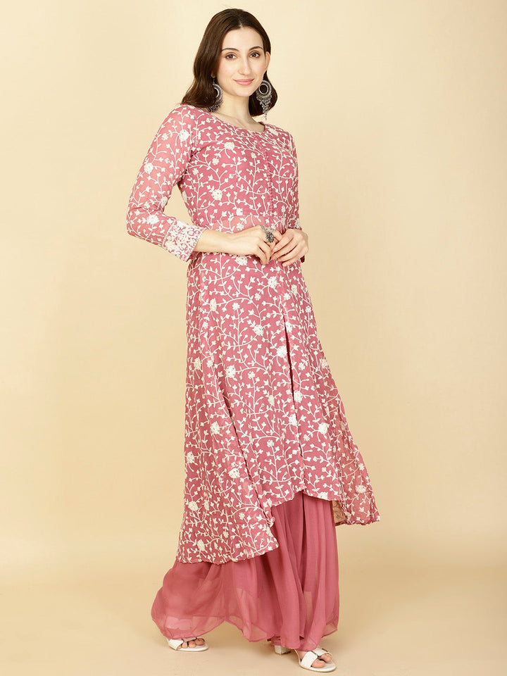 Resham Embroidery Georgette Kurta With Sharara &amp; Dupatta