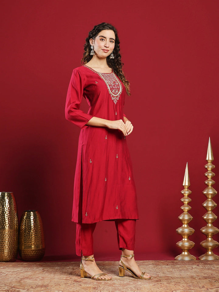 Embroidered Cotton Kurta With Pant &amp; Dupatta