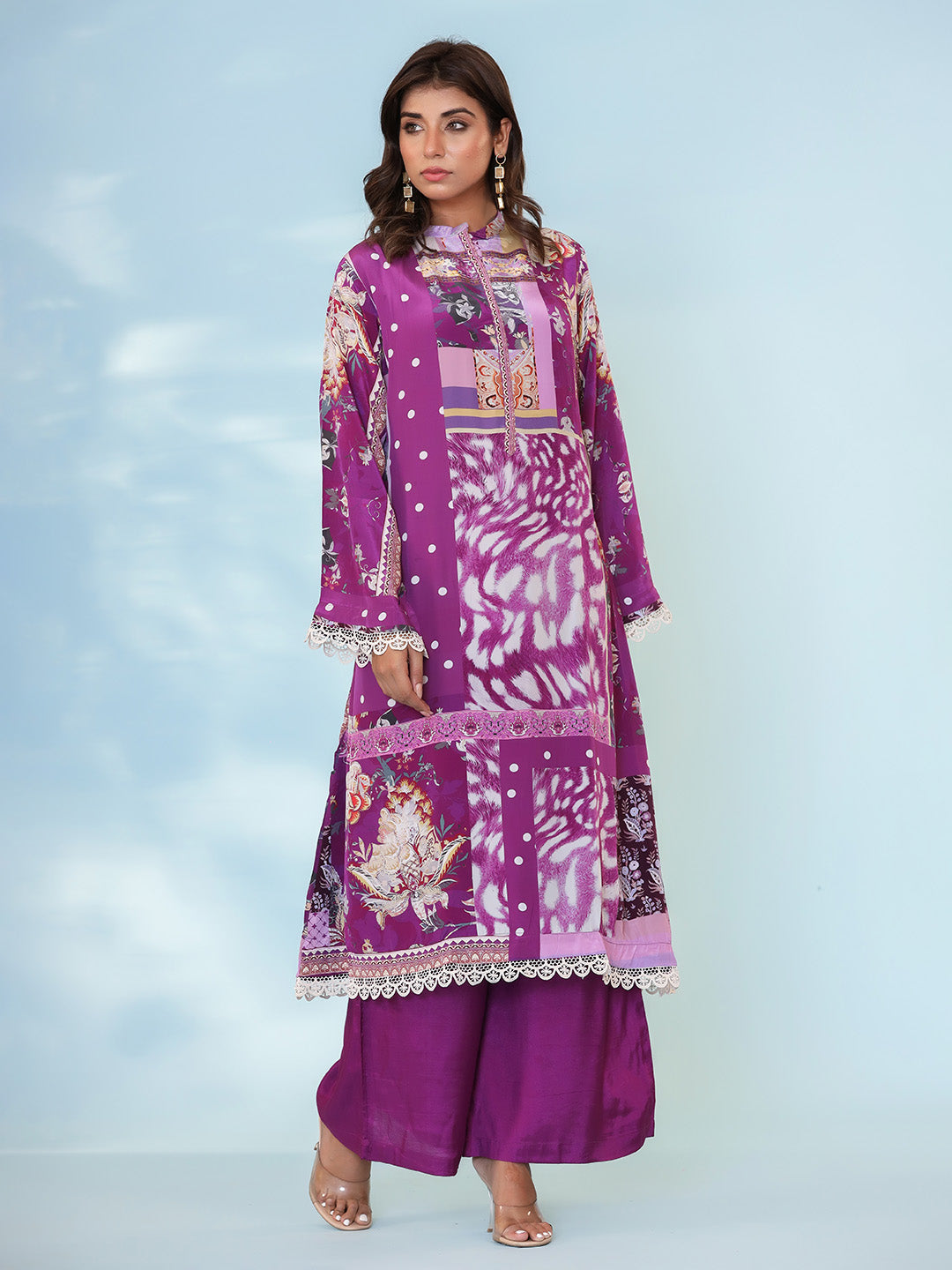 Purple Cotton Blend Printed Straight Suit Set