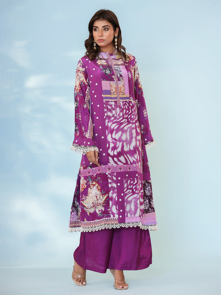Purple Cotton Blend Printed Straight Suit Set
