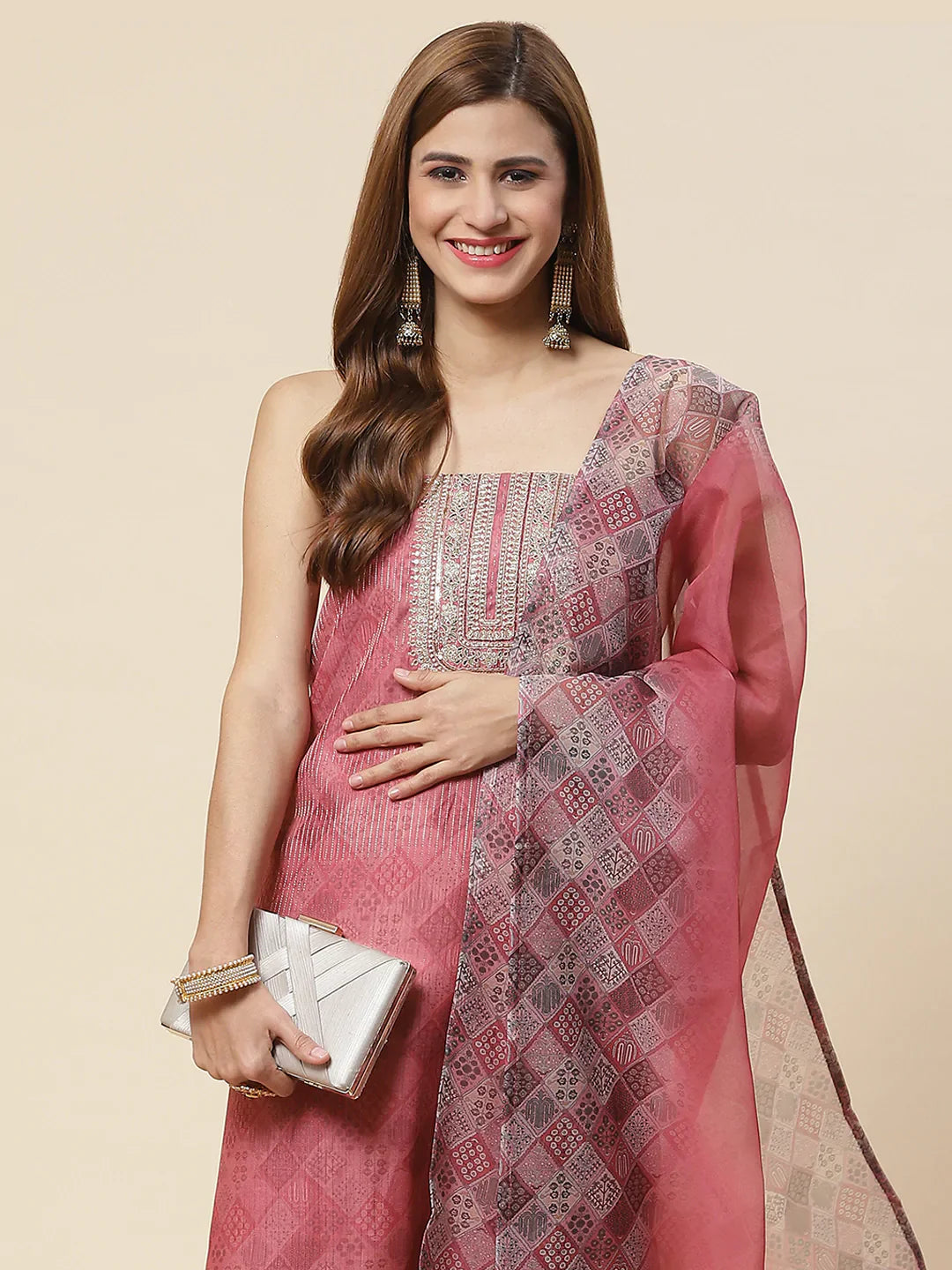 Neck Embroidered Chanderi Unstitched Suit Piece With Dupatta