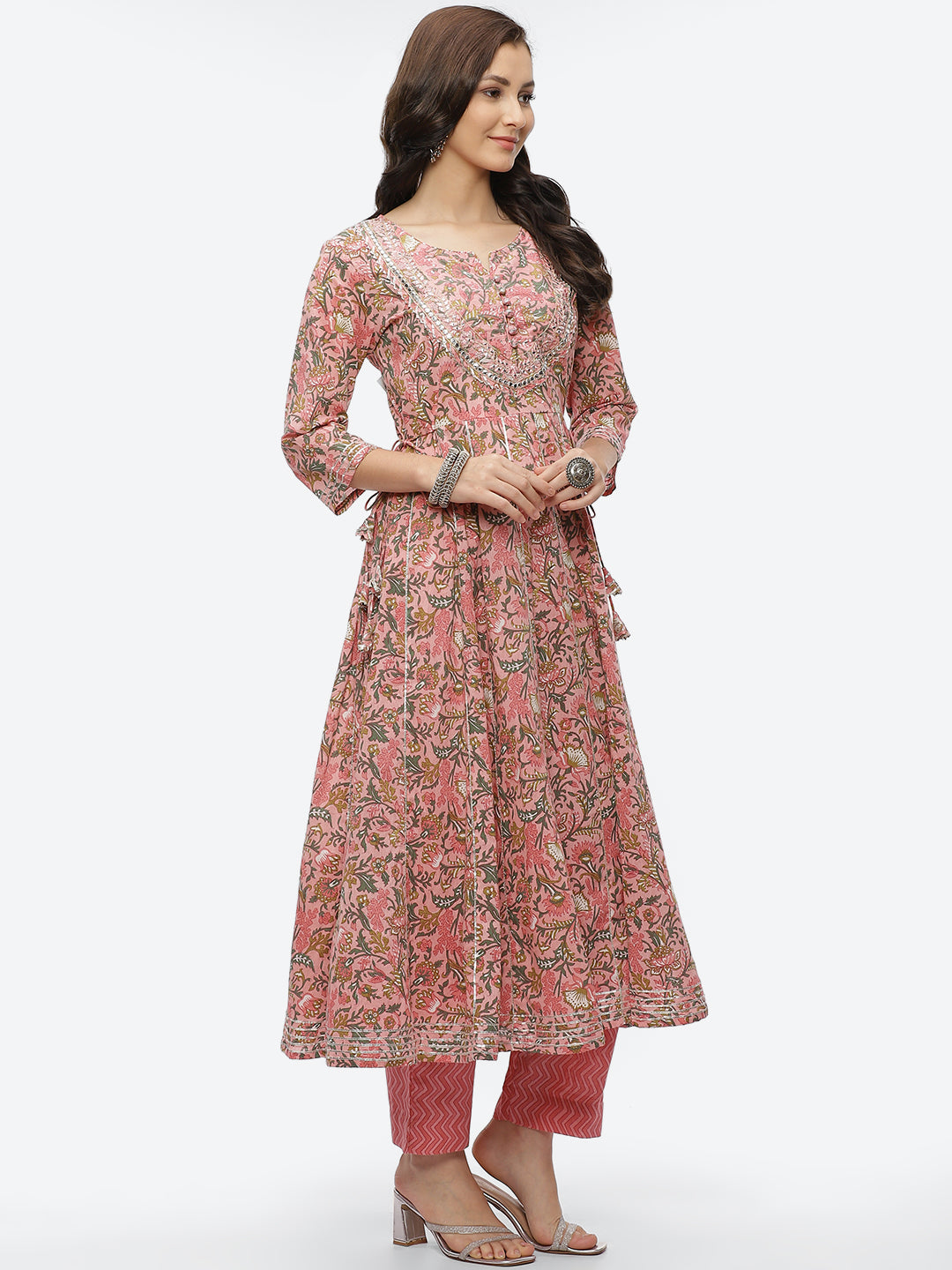 Gota Work Printed Cotton Anarkali Kurta With Pant
