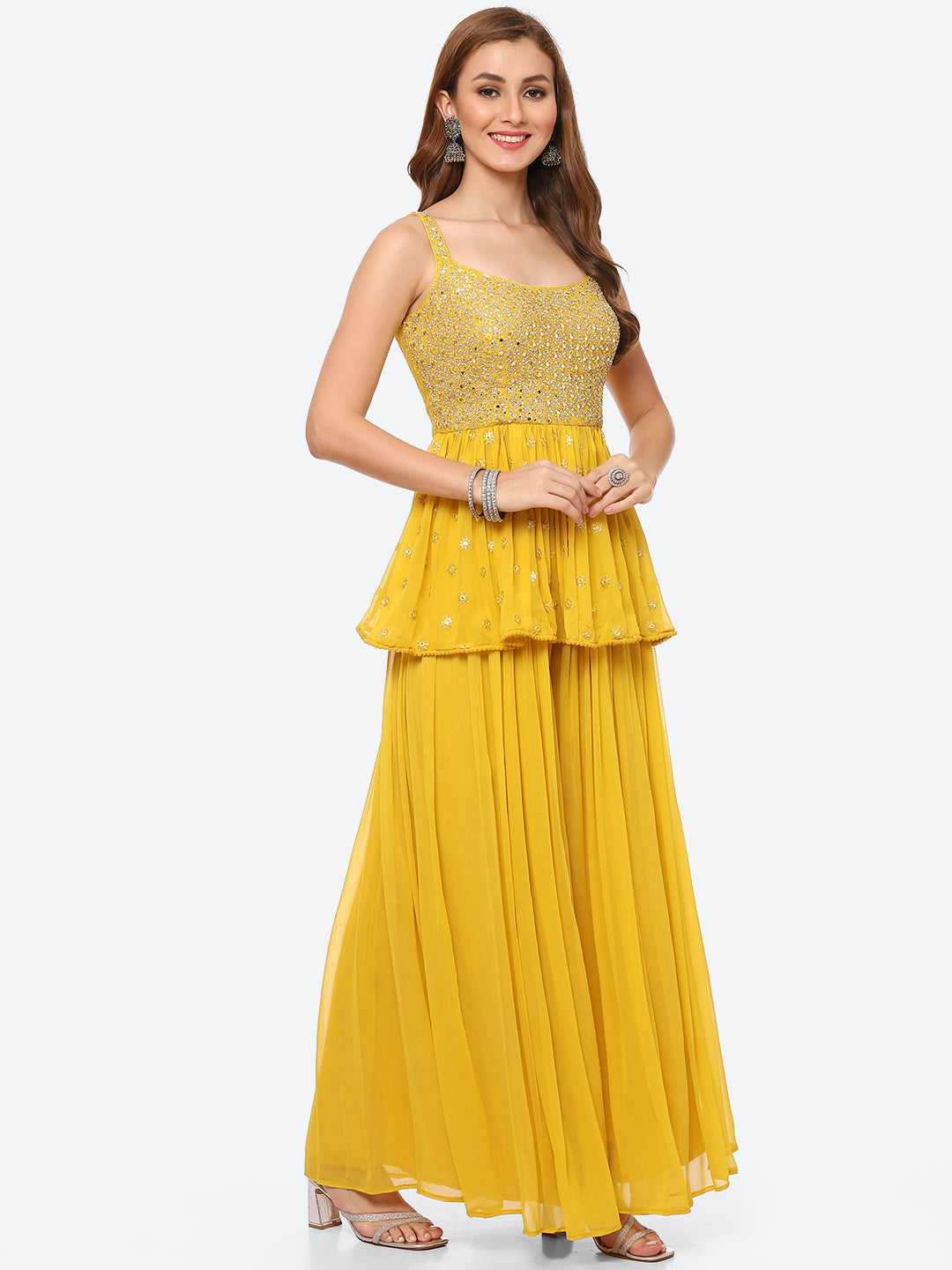 Mirror Neck Embroidered Georgette Peplum Kurti With Garara &amp; Georgette Dupatta