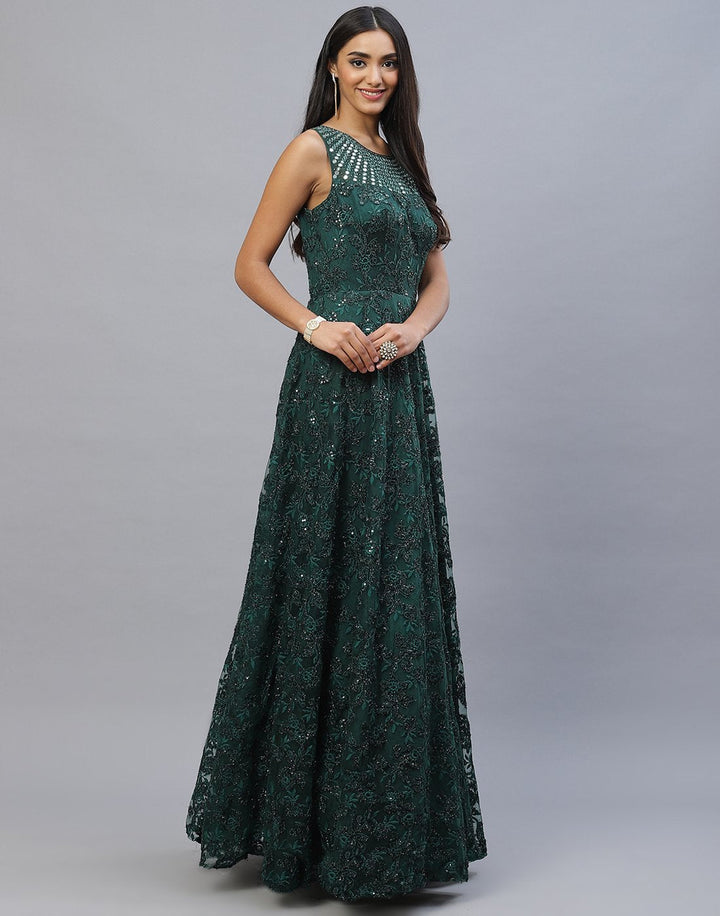 Bottle Green Lace Long Dress