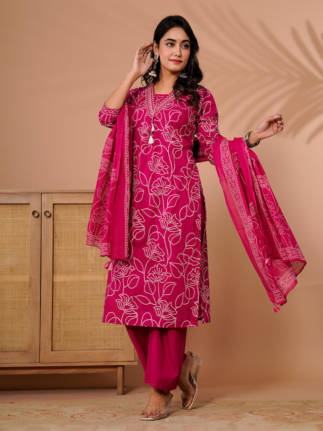 Pink Cotton Blend Printed Straight Suit Set