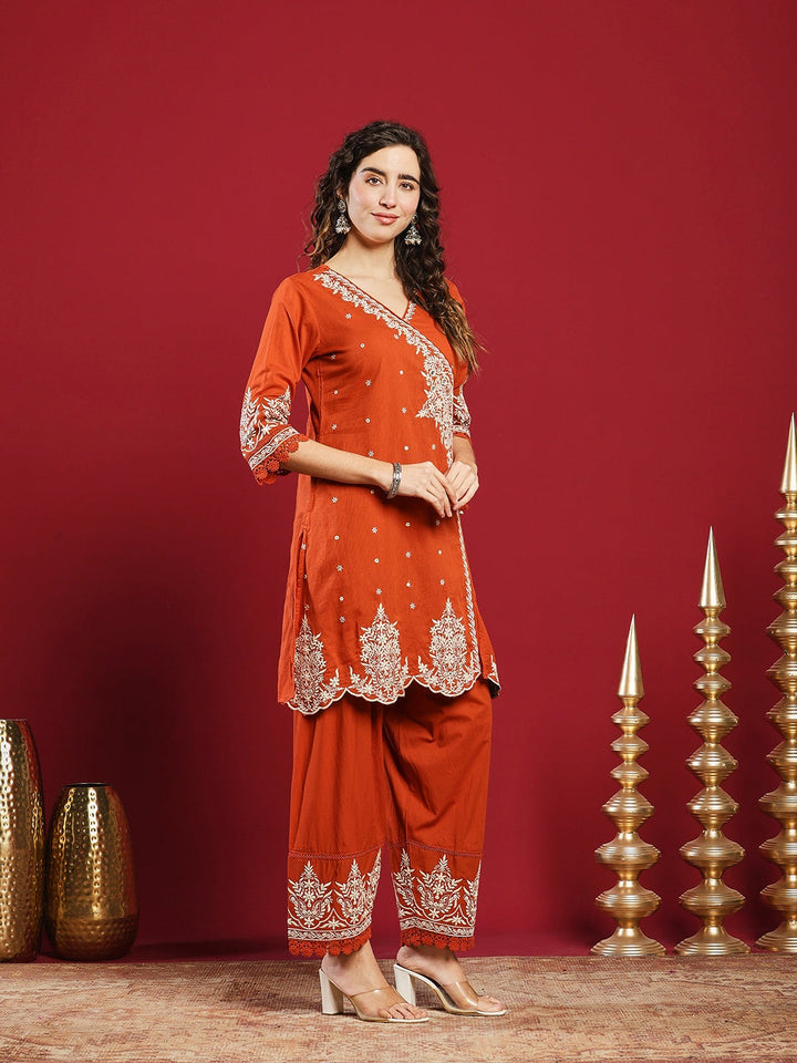 Embroidered Cotton Kurta With Pant &amp; Dupatta