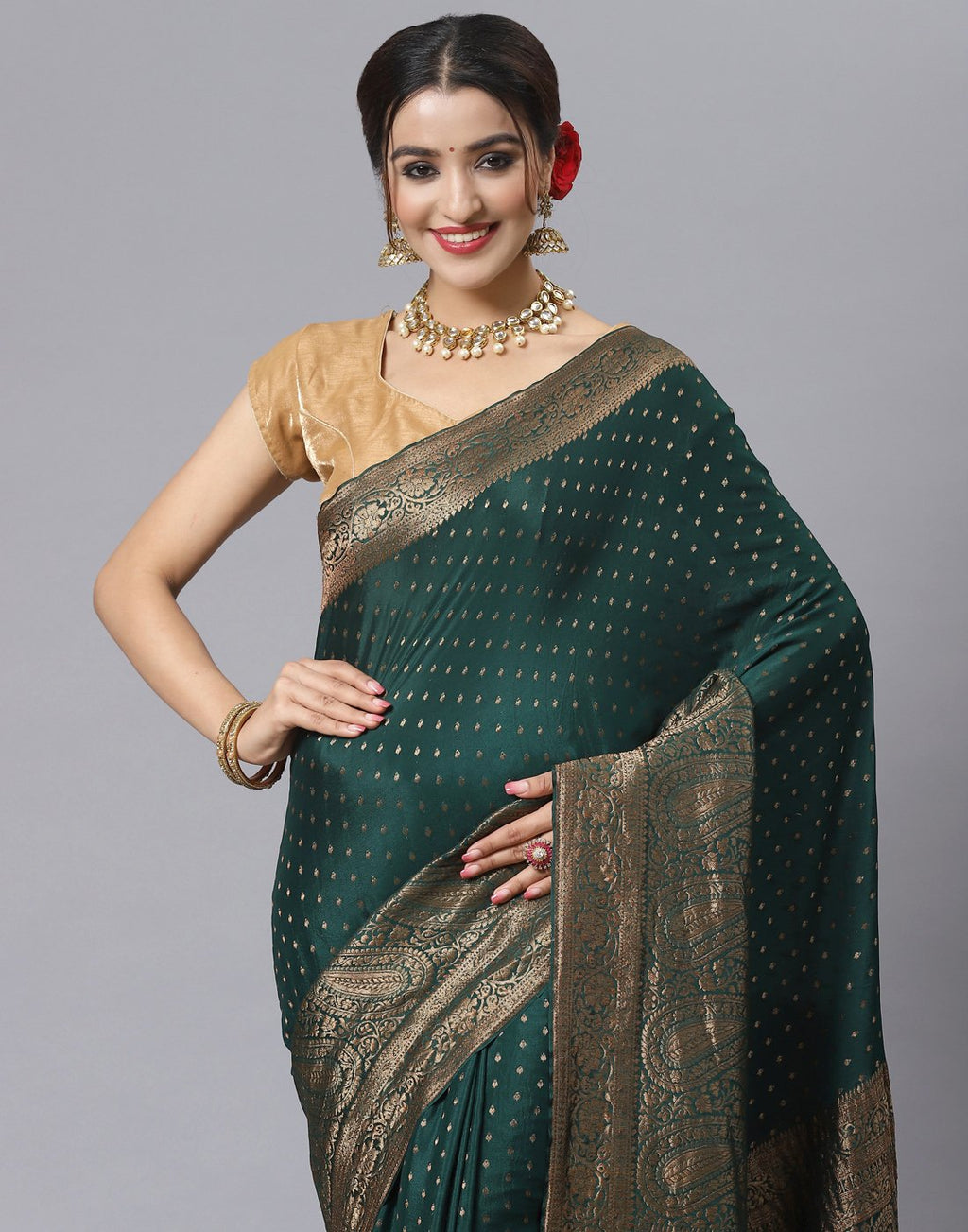 MBZ Meena Bazaar-Zari Border Booti Crepe Saree
