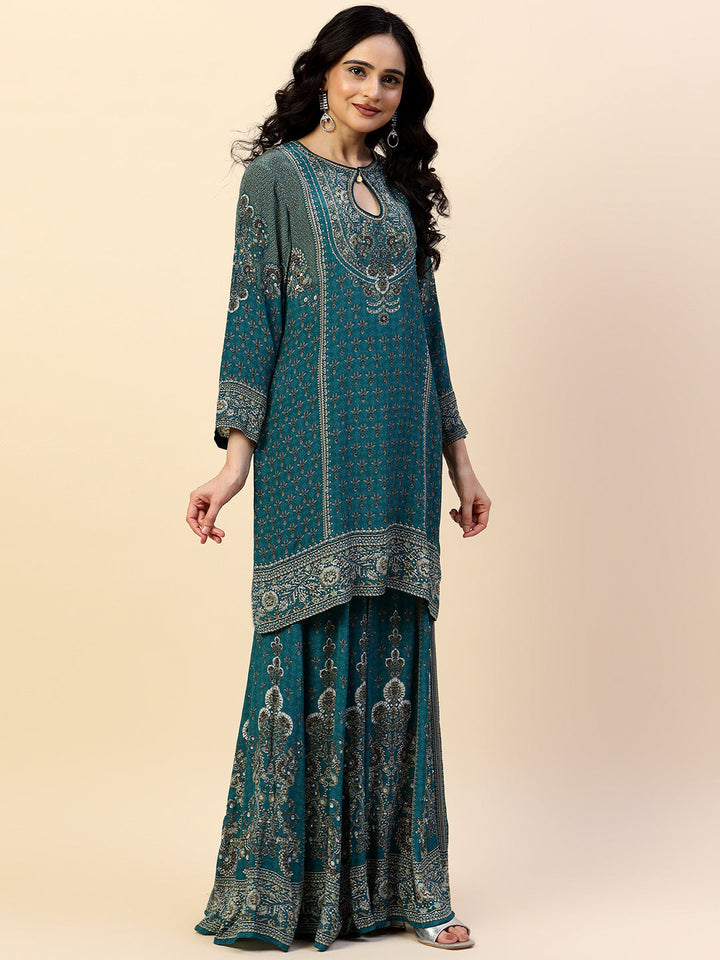 Digital Printed Crepe Kurta With Sharara &amp; Dupatta