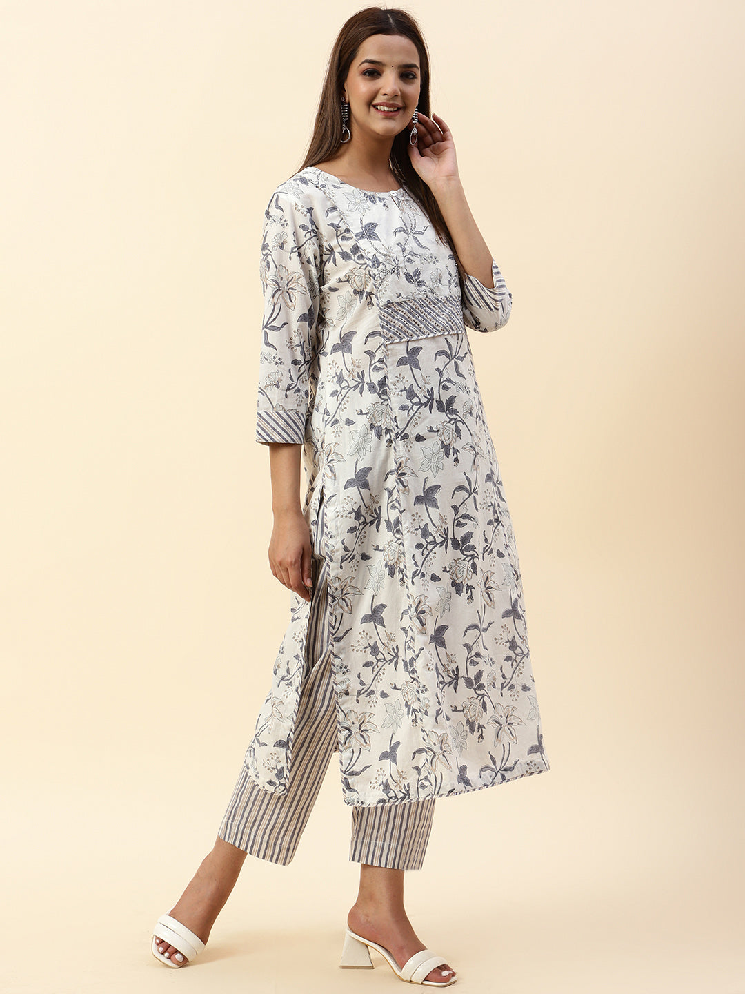 Floral Printed Cotton Kurta With Pants &amp; Dupatta