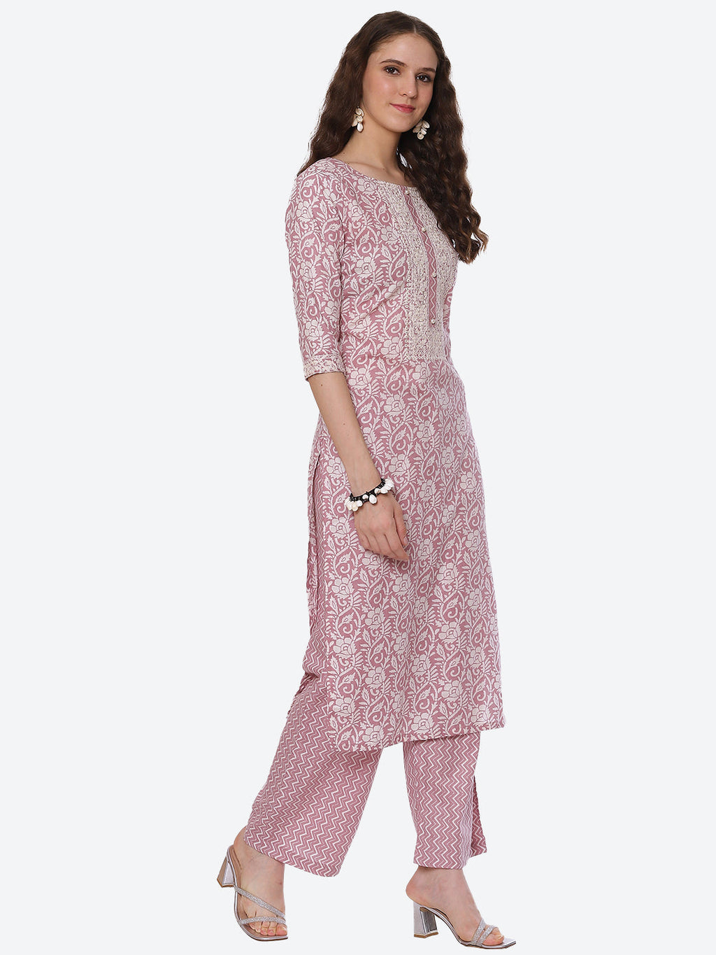 Neck Embroidered Printed Cotton Kurta With Palazzo