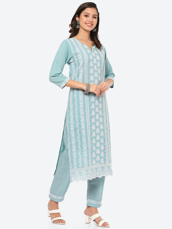 Thread Embroidered Cotton Kurta With Pant