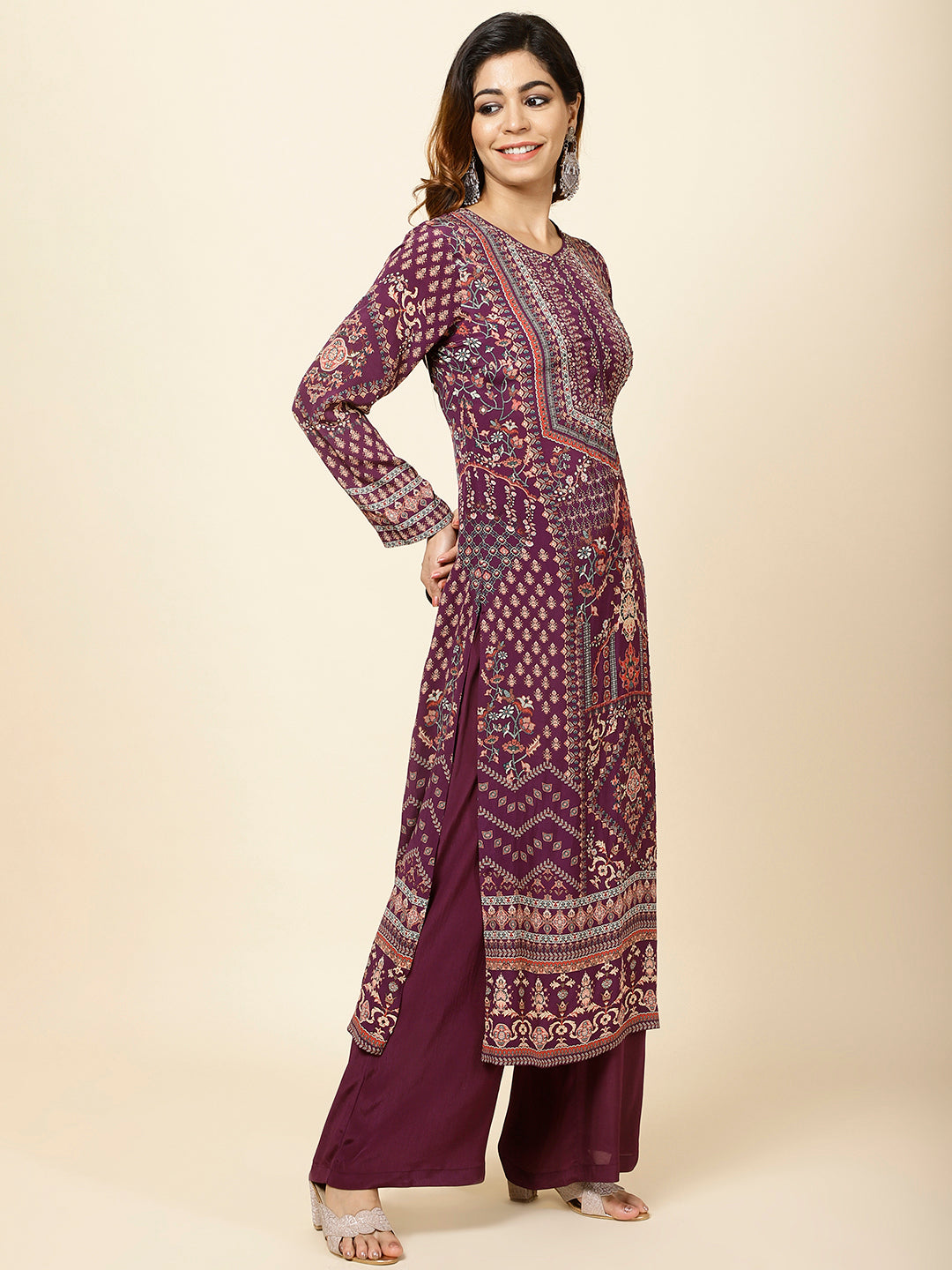 Digital Printed Crepe Kurta With Palazzo &amp; Dupatta