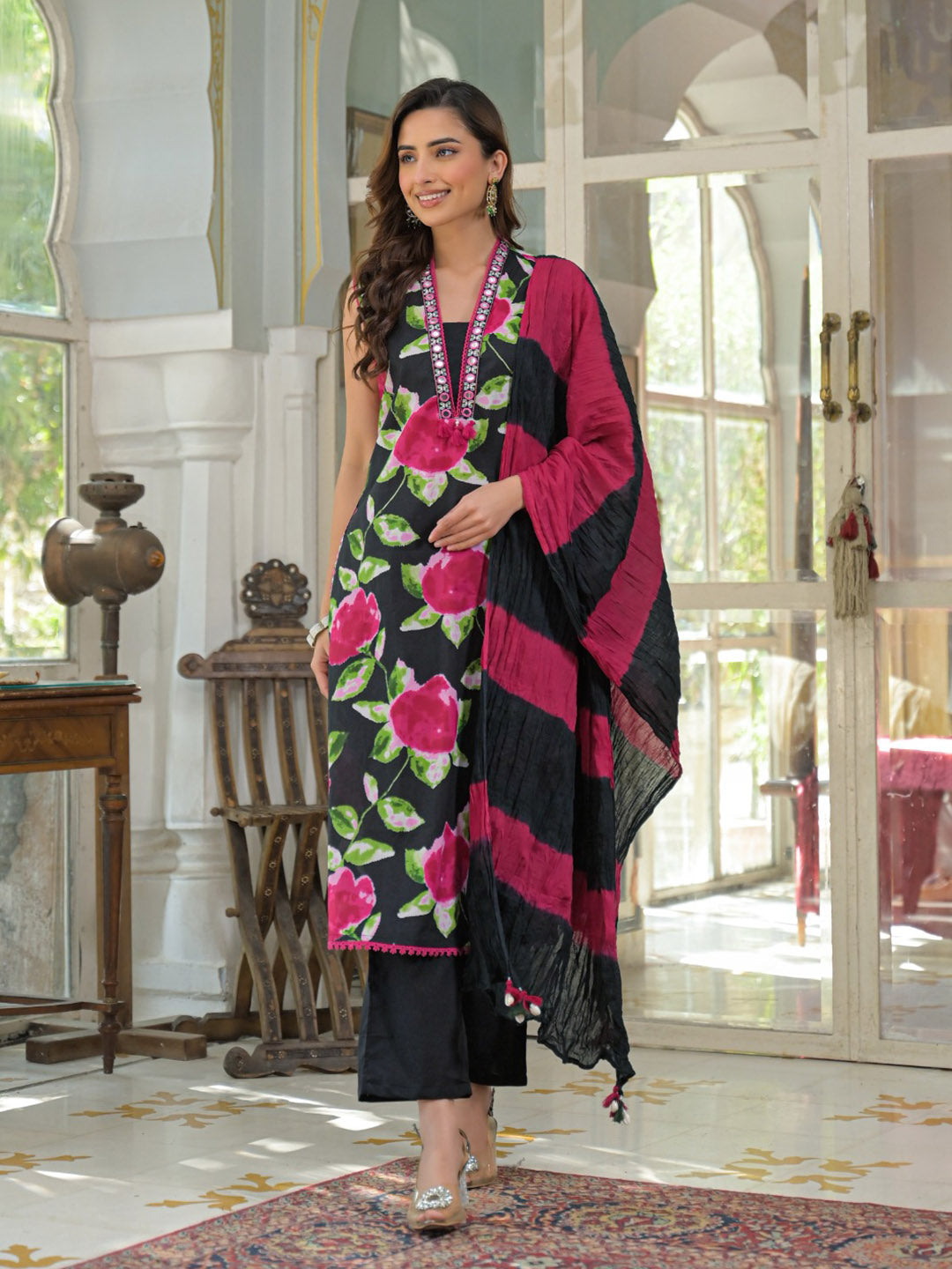 Black Cotton Blend Printed Straight Suit Set