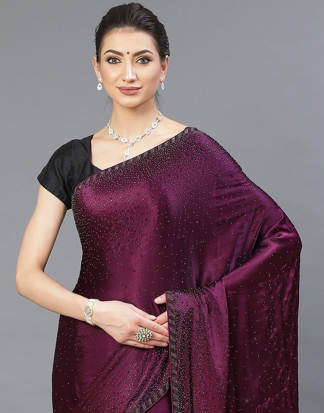 Crepe Embroidery Wine Saree