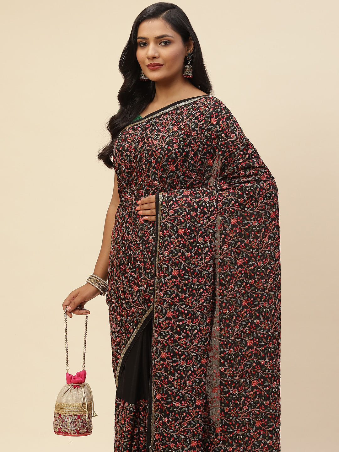 Resham Zaal Embroidered Crepe Saree