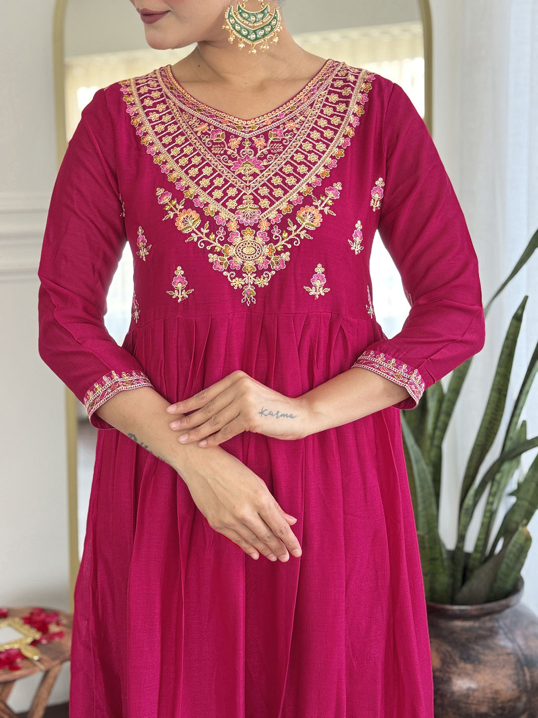 Embroidery Art Silk Kurta With Pants &amp; Dupatta