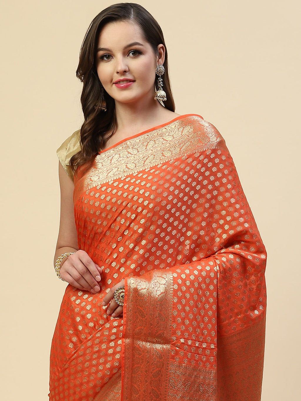 Zari Border Booti Georgette Plain Saree