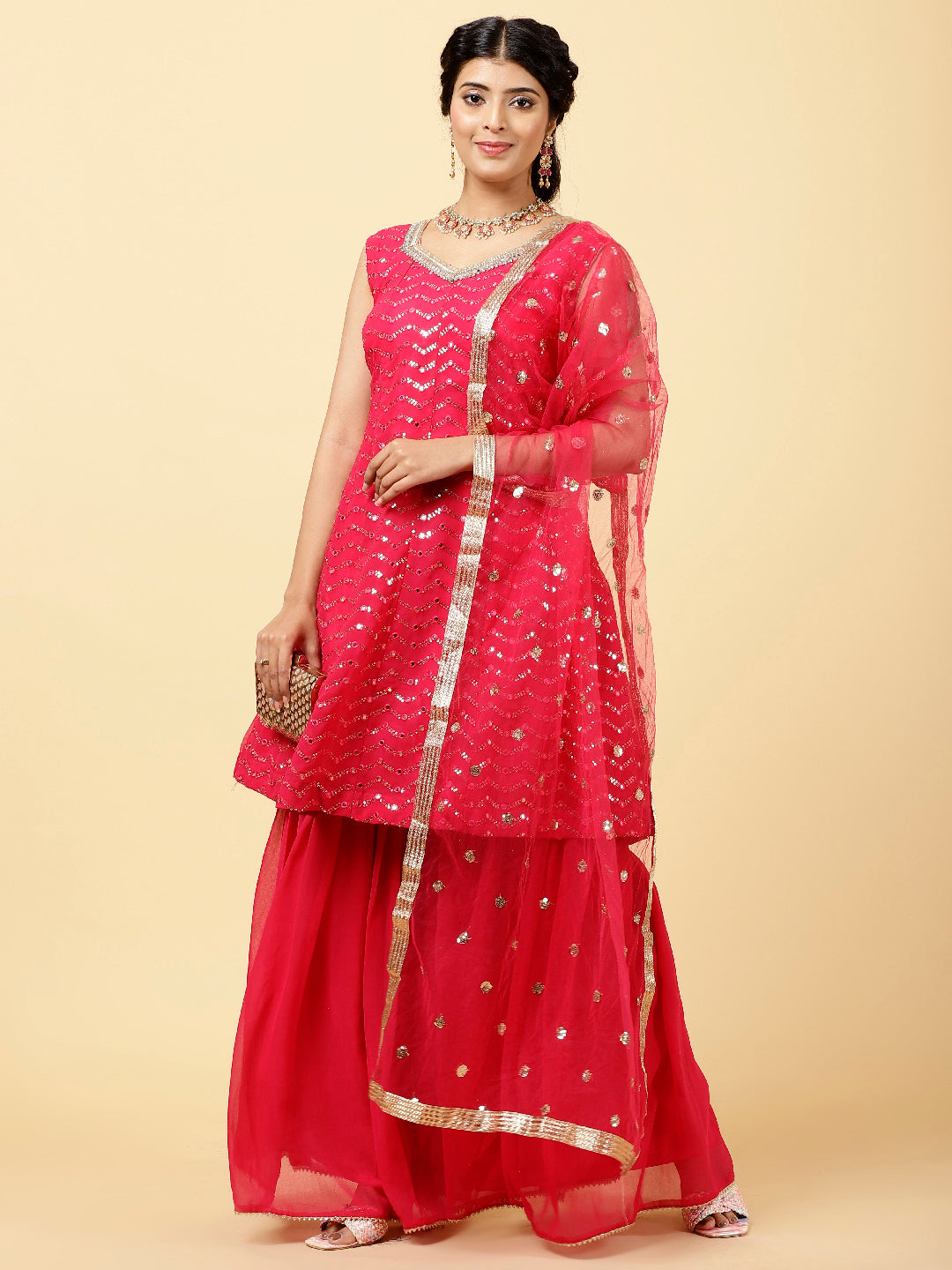 Sequin Georgette Kurta With Garara &amp; Dupatta