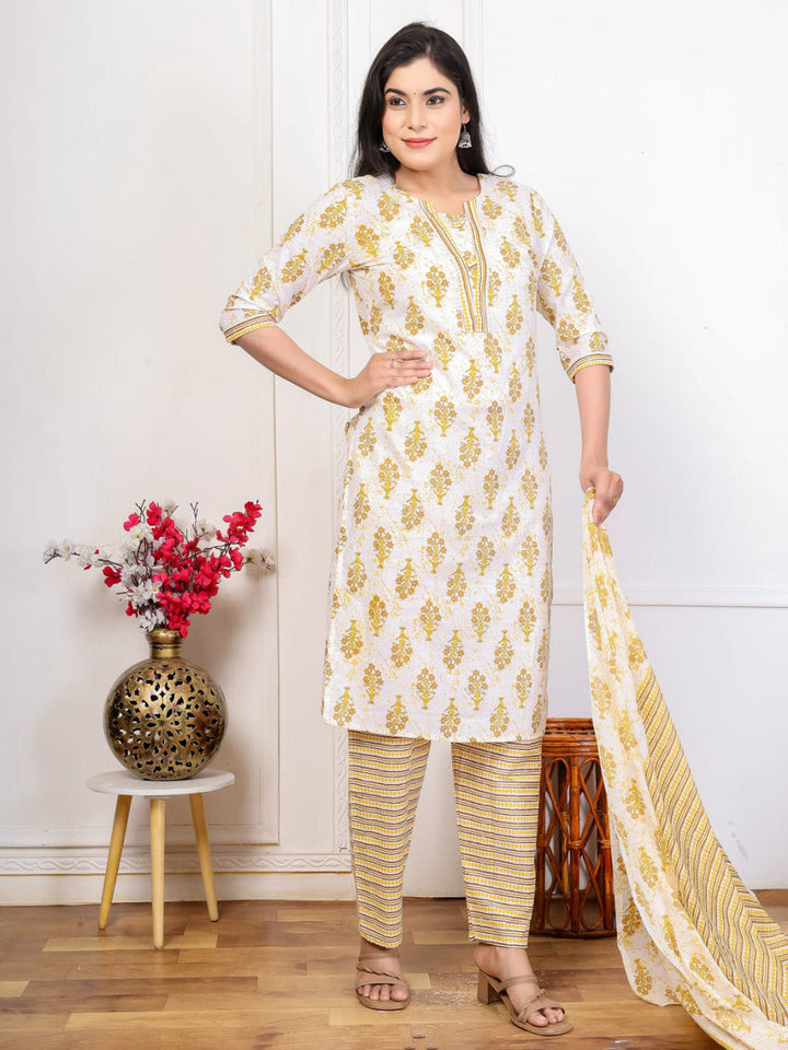 Yellow Embroidered Cotton Blend Straight Suit Set With Dupatta