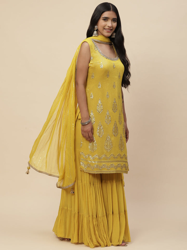 Sequin Embroidered Georgette Kurta With Sharara &amp; Dupatta
