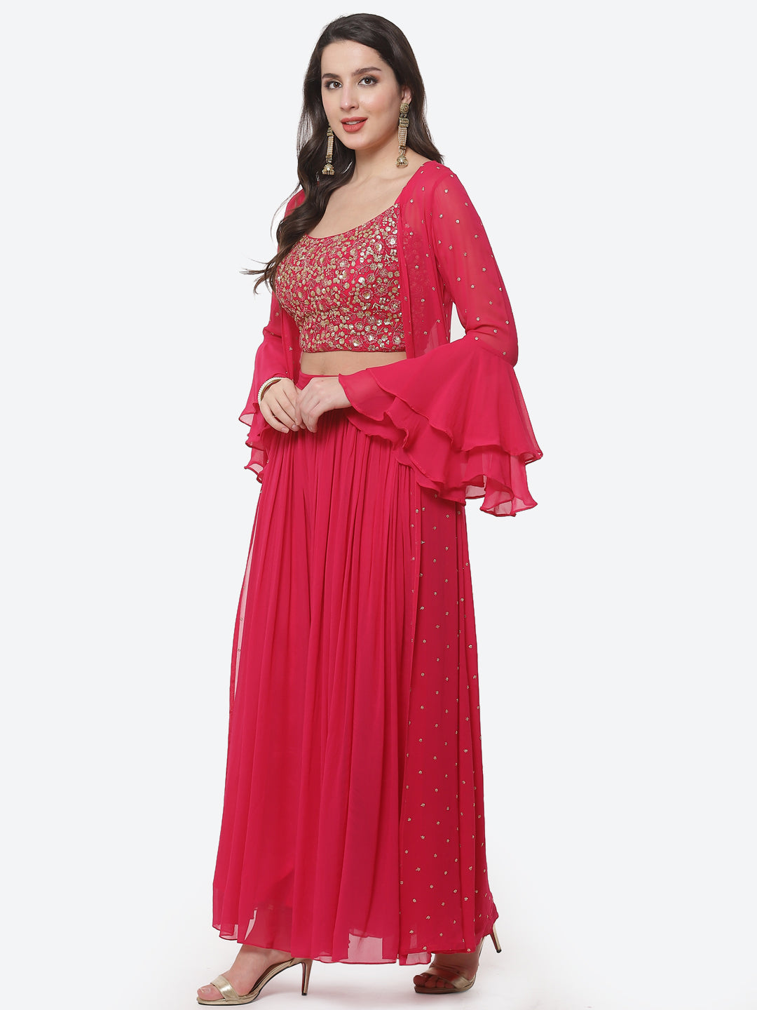 Embroidered Georgette Top With Pleated Palazzo & Jacket