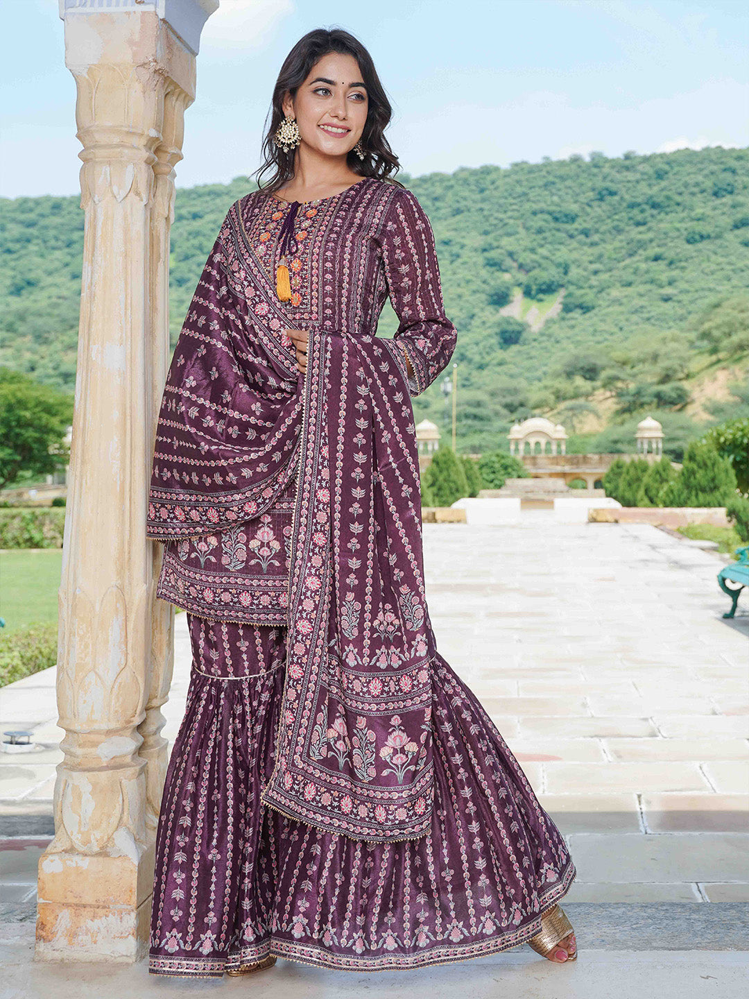 Floral Printed Crepe Kurta With Garara &amp; Silk Dupatta