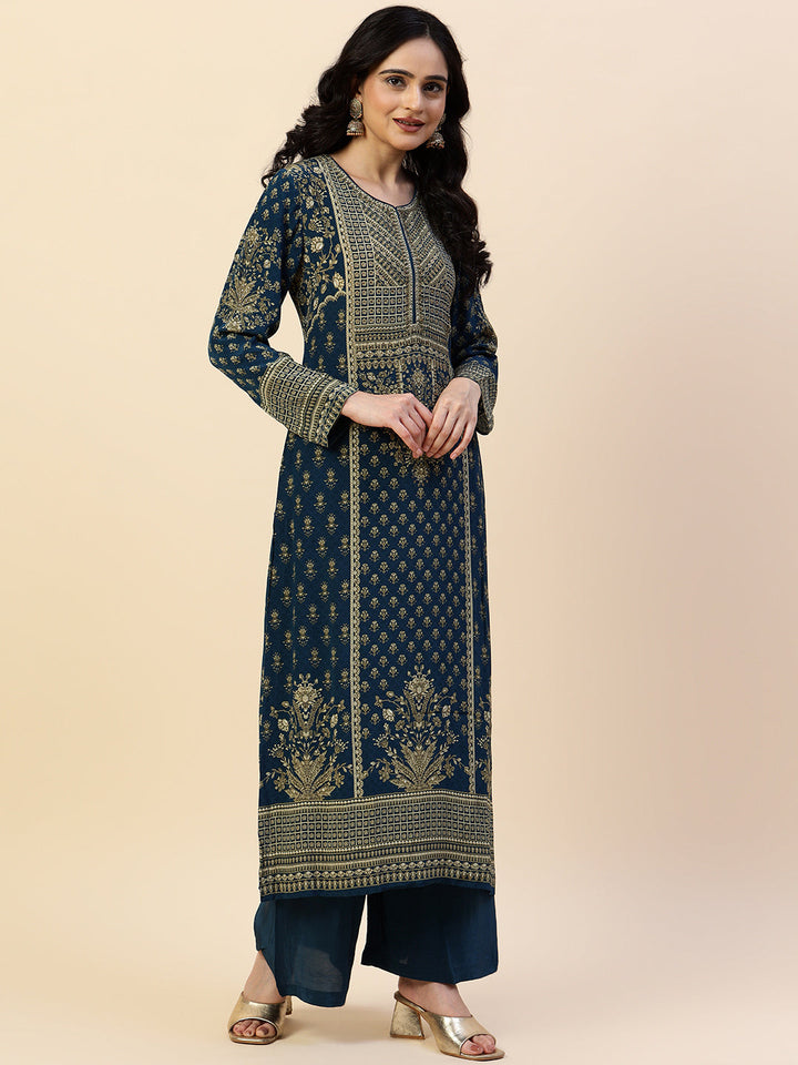 Digital Printed Crepe Kurta With Palazzo &amp; Dupatta