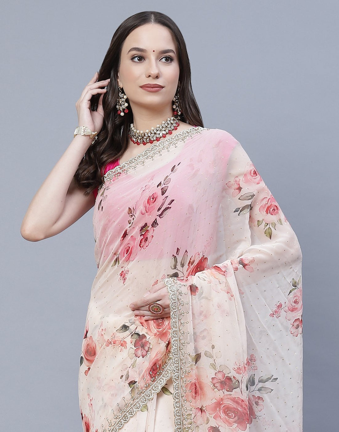 Digital Floral Printed Georgette Saree with Silver Zari Work  Border