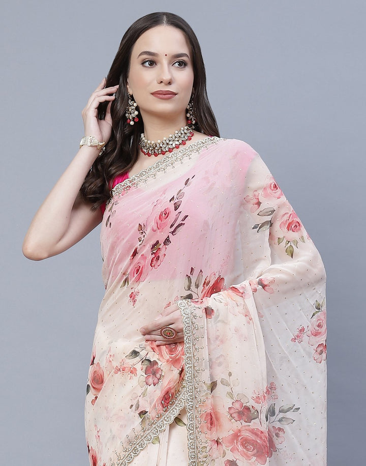 Digital Floral Printed Georgette Saree with Silver Zari Work  Border