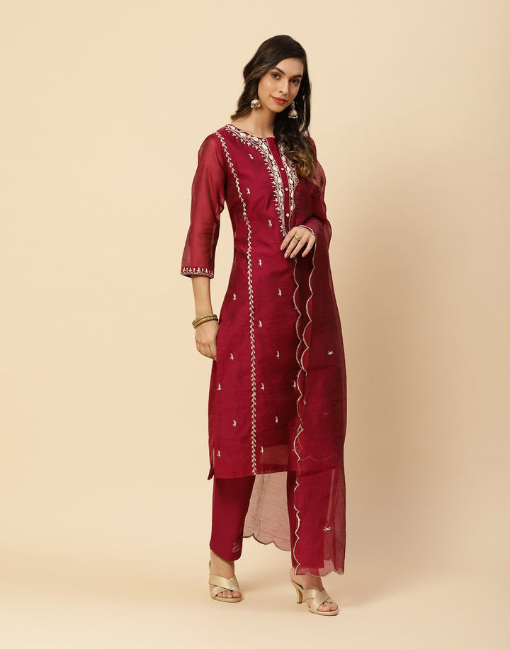 Embroidered Cotton Salwar Kameez Stitched Suit With Chanderi Dupatta