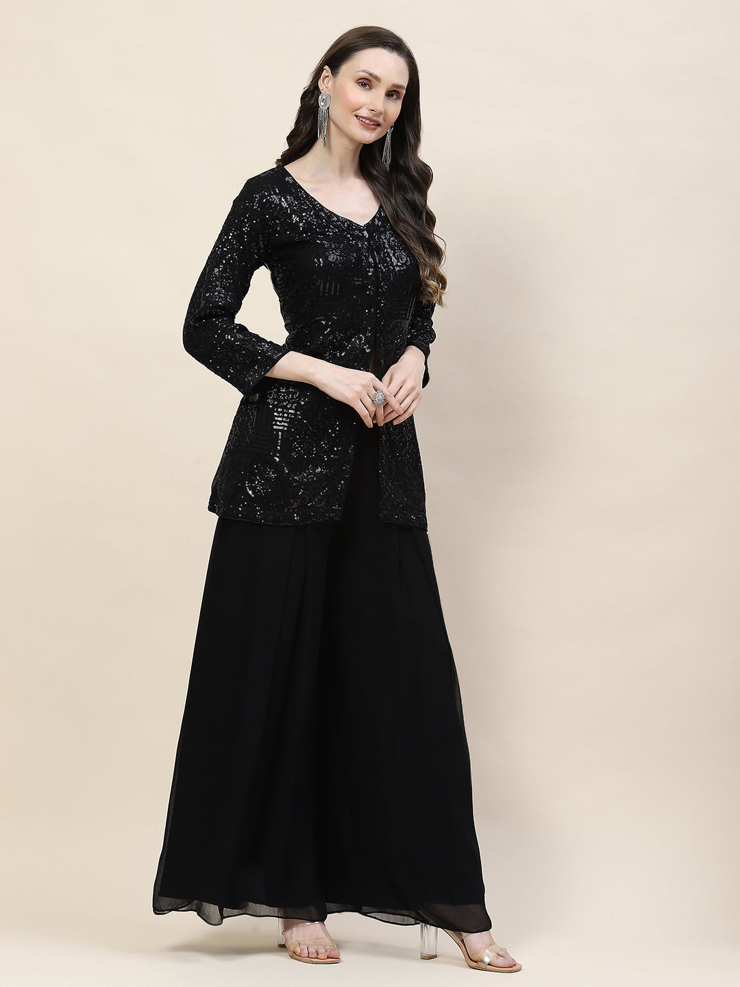 Sequin Embroidery Georgette Kurti With Palazzo &amp; Dupatta