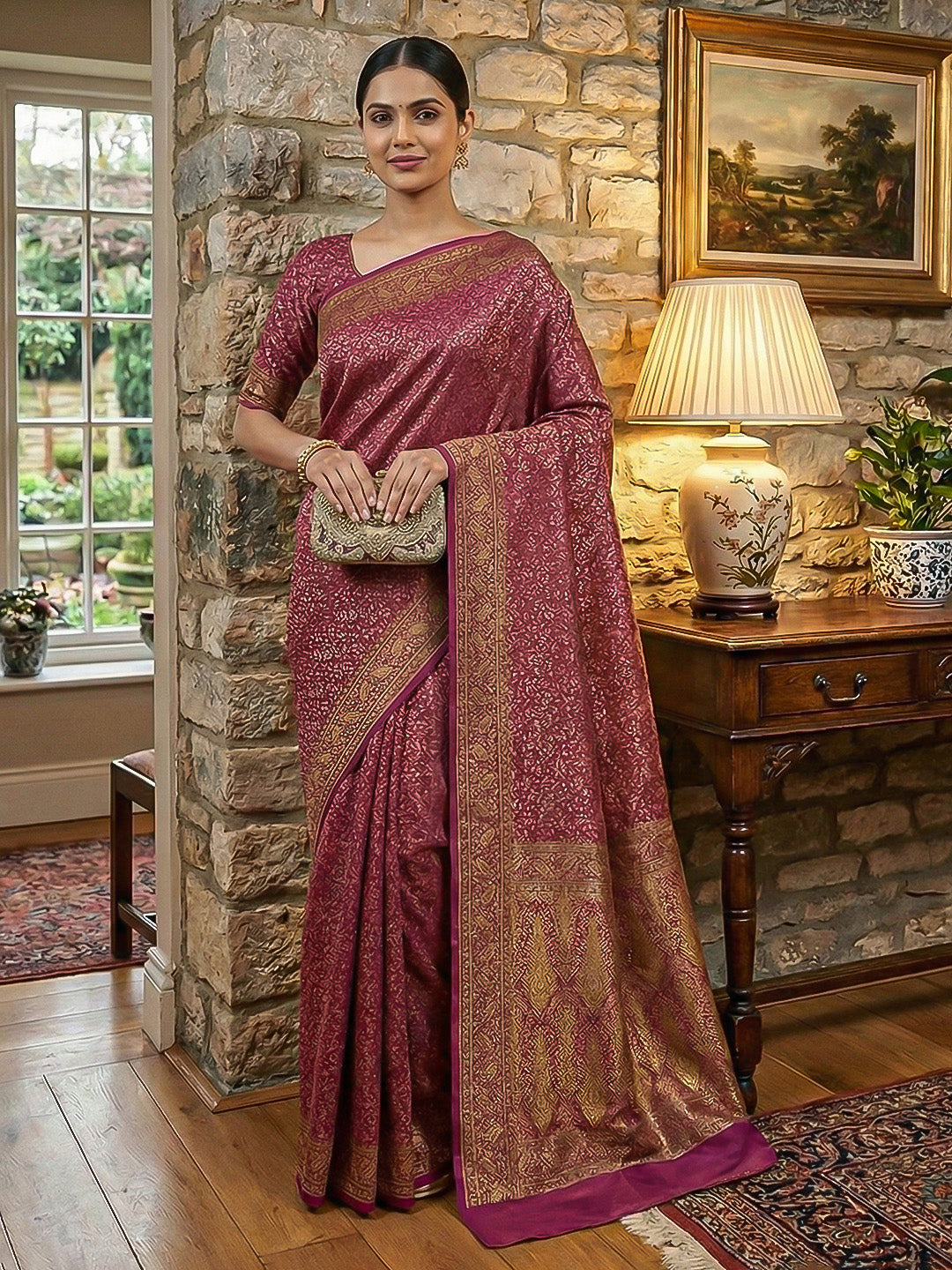 Magenta Woven Design Satan Resham Banarasi Saree