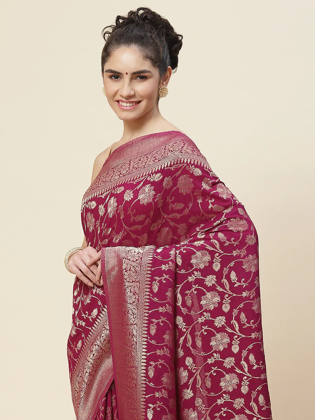 Floral Zari Jaal Tussar Plain Saree