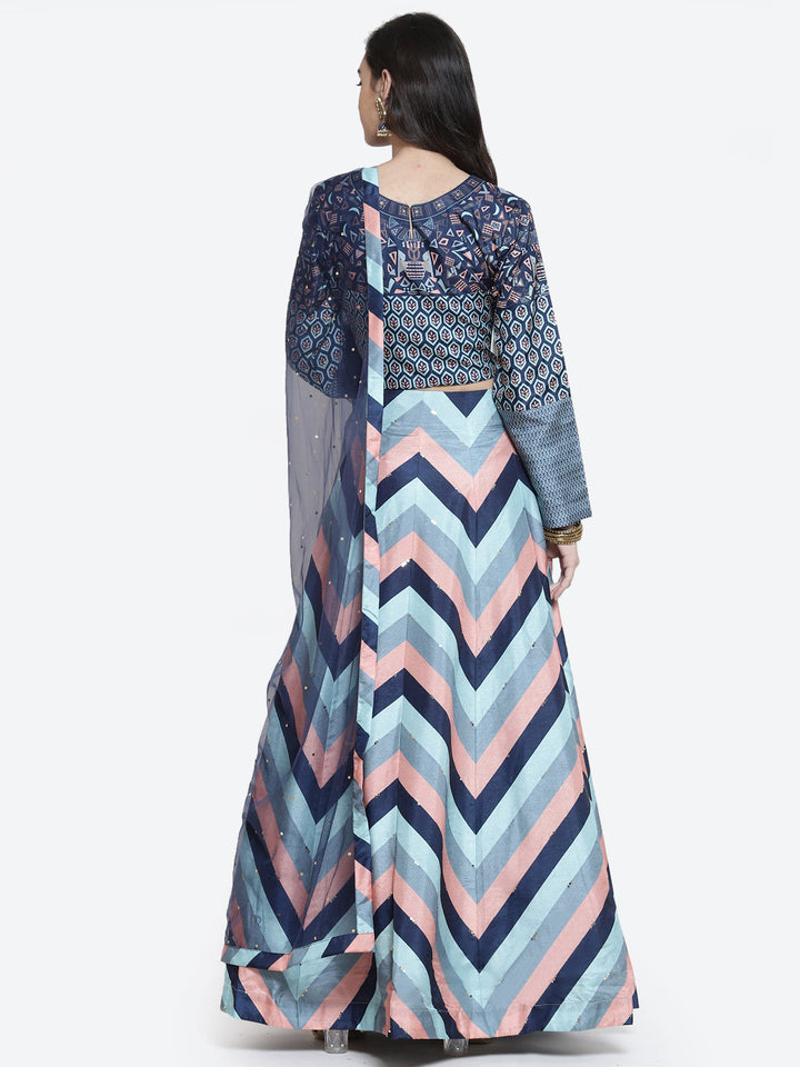 Zig Zag Printed Tussar Lehenga With Choli And Net Dupatta