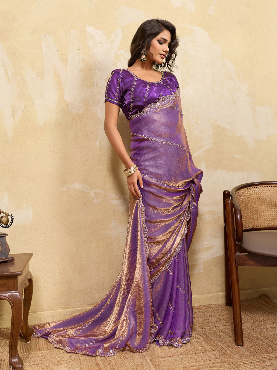 Embroidered Satin Velvet Saree