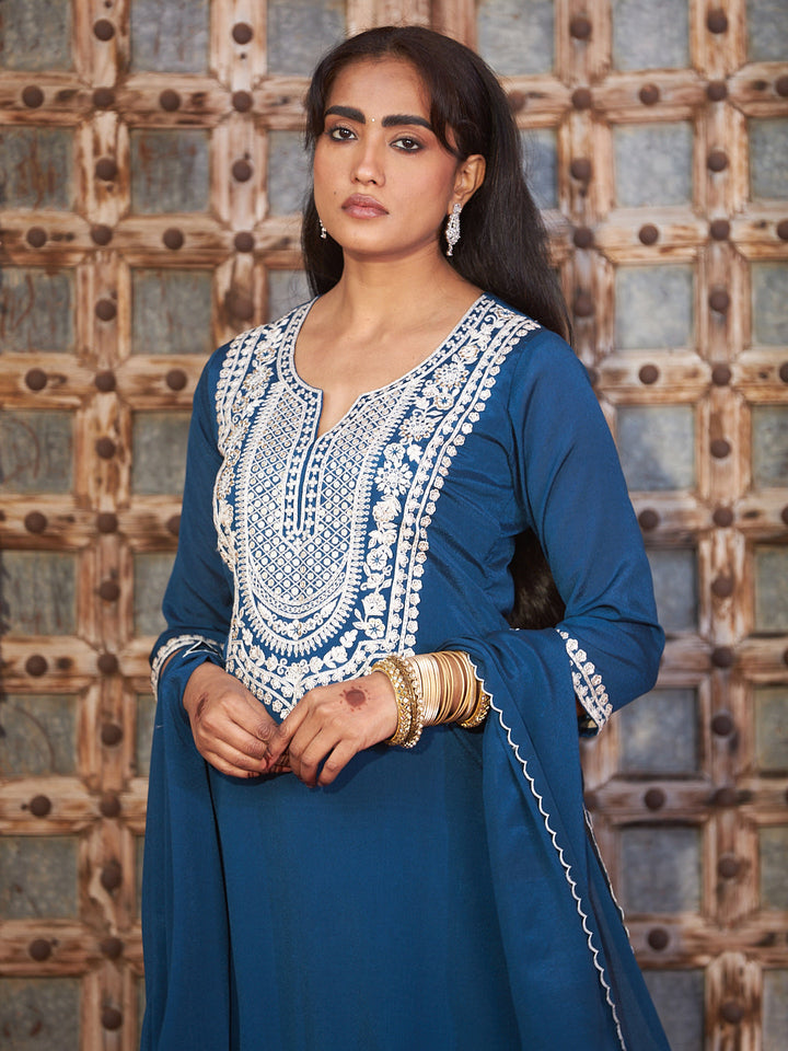 Teal Blue Embroidered Chinon Kurta Palazzo with Dupatta