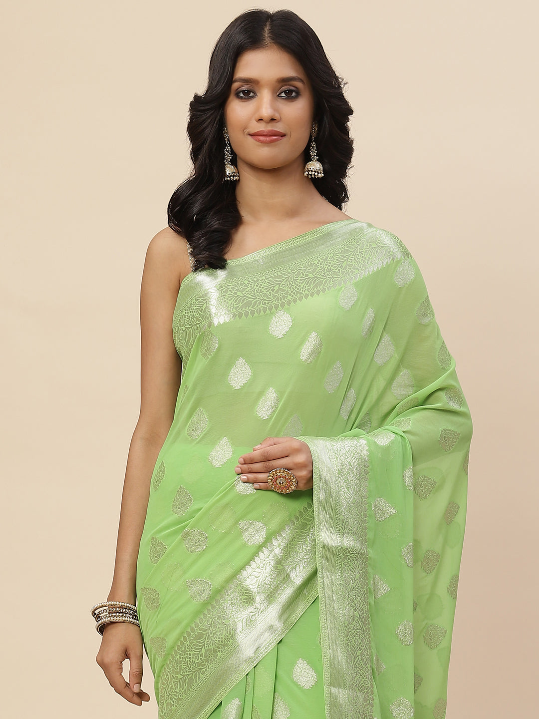 Zari Booti Chiffon Plain Saree