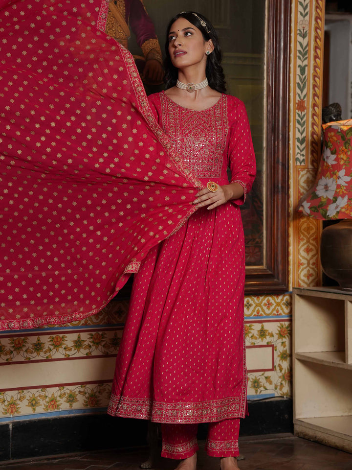 Neck Embroidered Cotton Kurta With Palazzo &amp; Dupatta