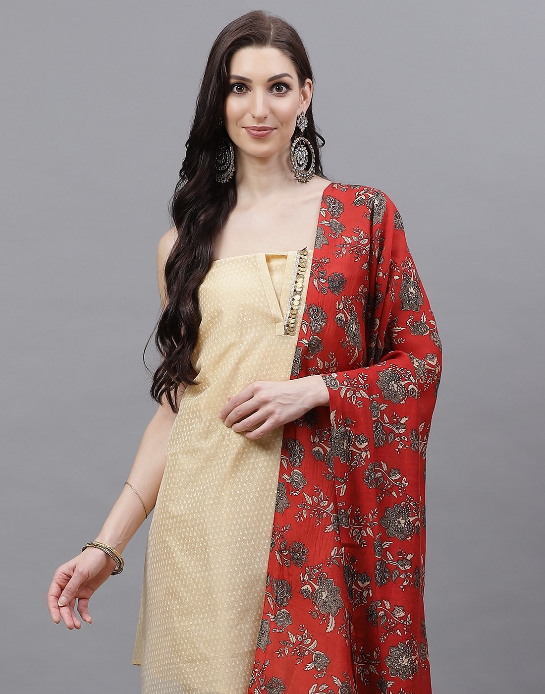 Embroidered Cotton Chanderi Suit Piece With Chanderi Printed Dupatta