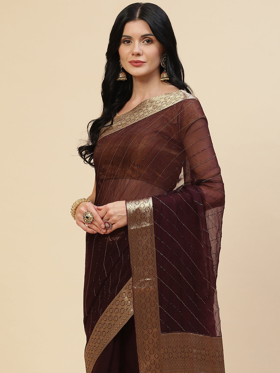 Stone Work Chiffon Plain Saree